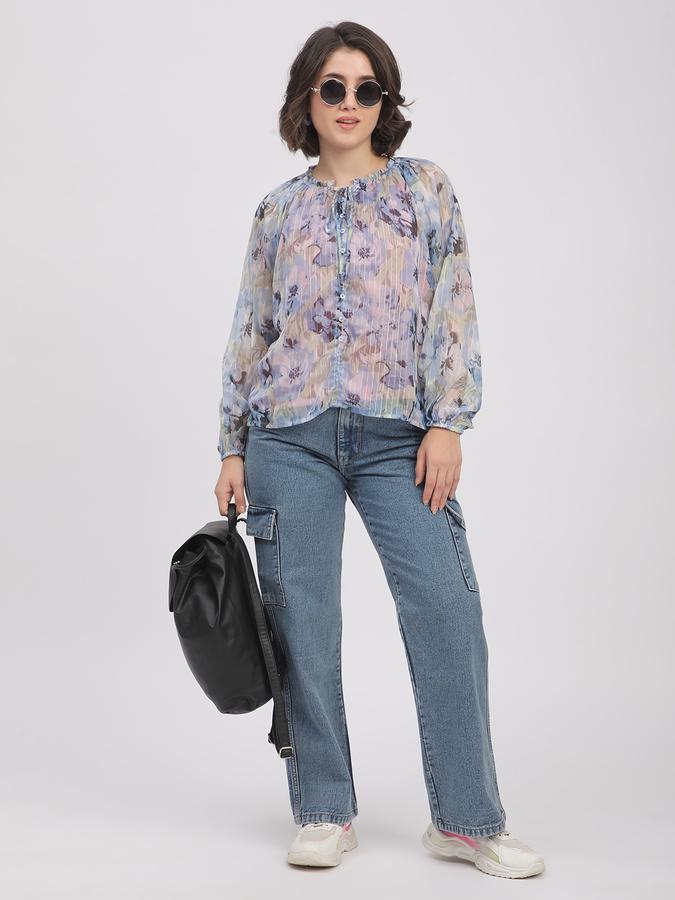 Women Polyester Relaxed Fit Tie-Neck Ruffled Top