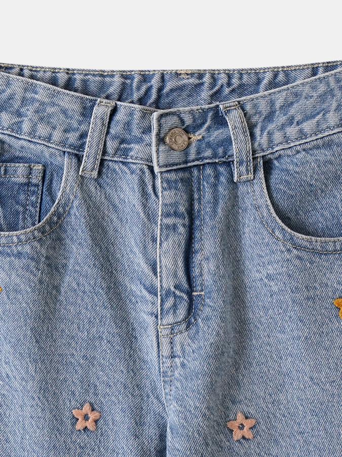 Girls Denim Regular Fit Button Waist Embroidered Jeans