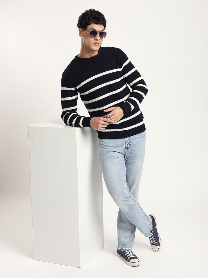 Men Knit Regular Fit Crew Neck Striped Sweater