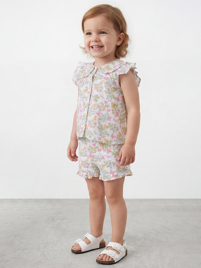 R&B Girls White Printed Pure Cotton Half Sleeve Co-ord Set