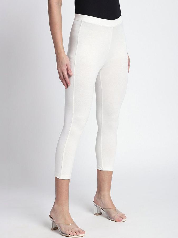 R&B Women Ivory Solid Calf Length Leggings
