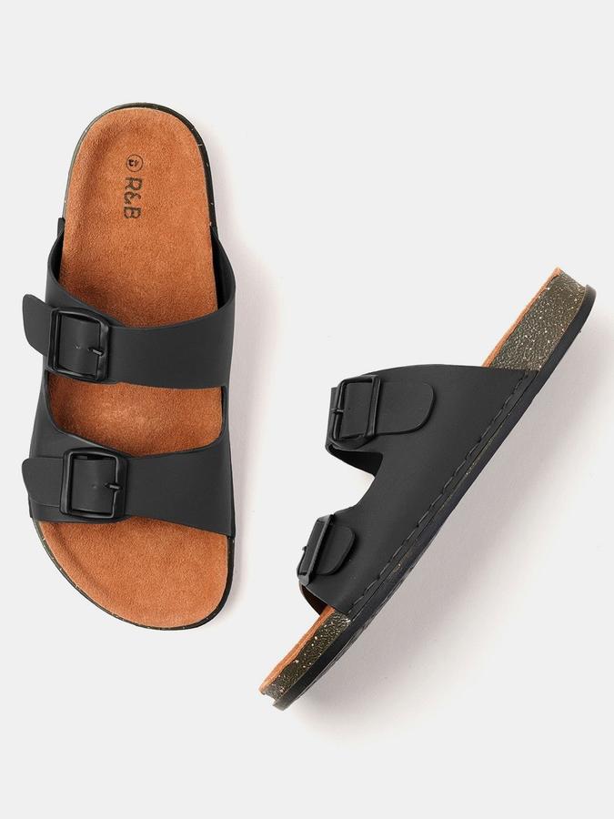 R&B Men Black Solid Buckle Detailing Comfort Flat Sandals