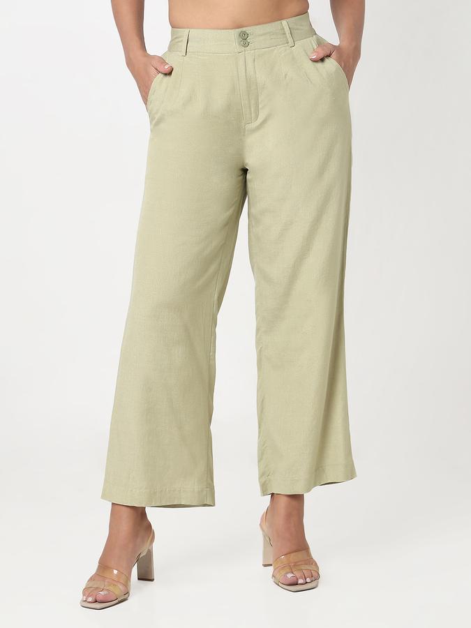 Women Linen Blend Wide Leg High Rise Pleated Trousers