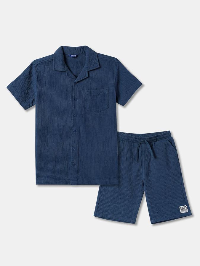 R&B Boys Blue Self Design Short Sleeves Shirt with Shorts