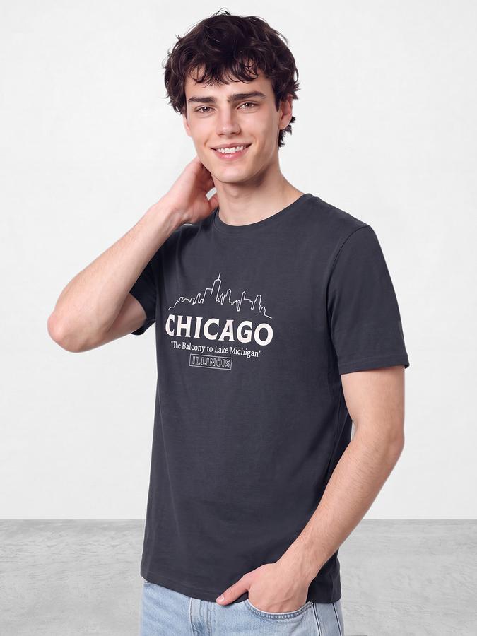 R&B Men Stone Grey Typographic Print Short Sleeves Pure Cotton Tshirt
