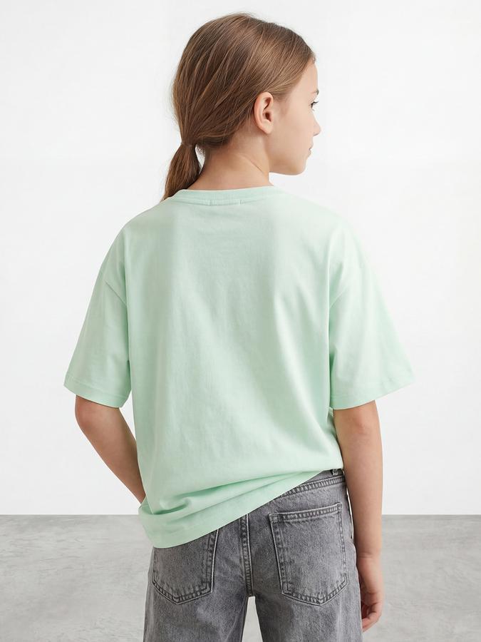R&B Girls Green Kawaii Print Regular Fit Round Neck Half Sleeve T-Shirt