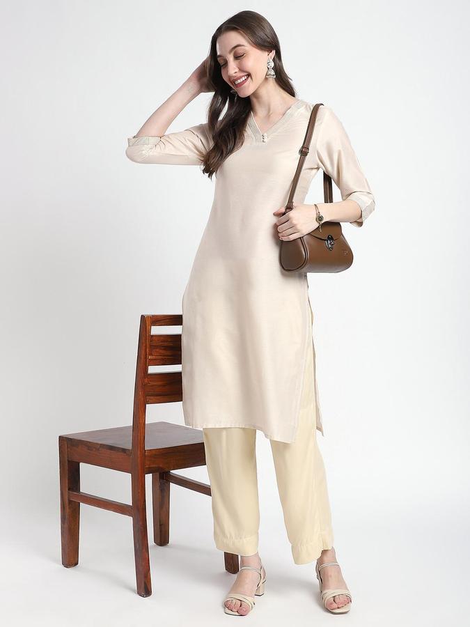 R&B Women Off White Solid V-Neck Knee Length Ethnic Kurta
