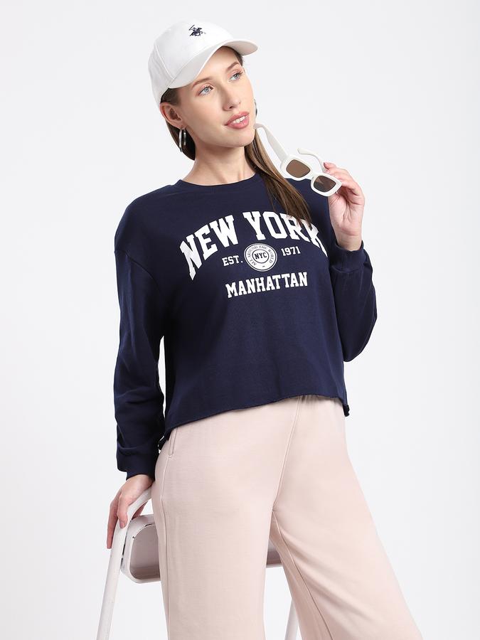 R&B Women Navy Typography Print Cropped Sweatshirt