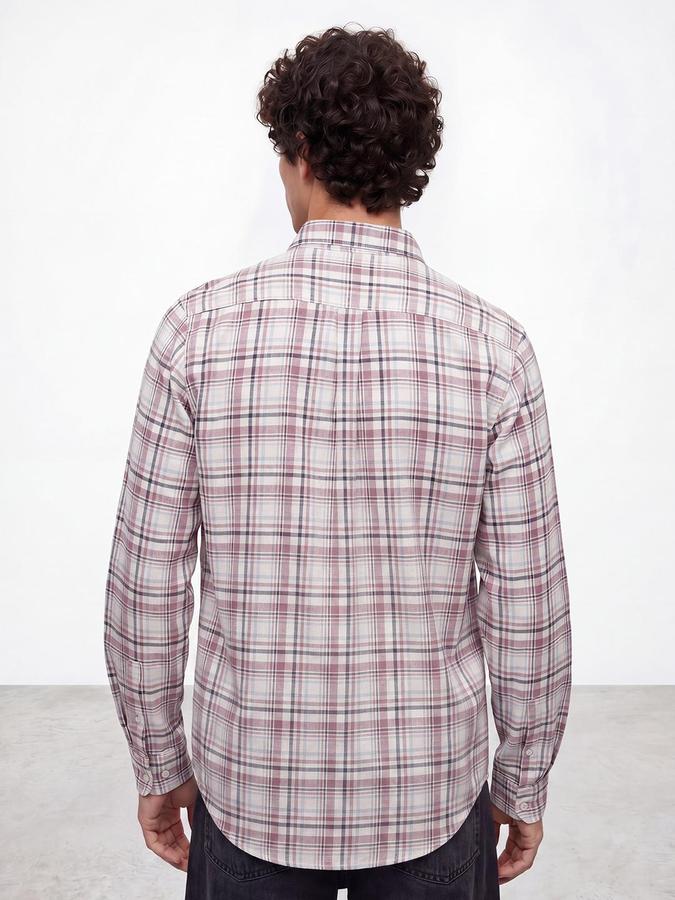 R&B Men Mauve Button Down Long Sleeves Checked Shirt