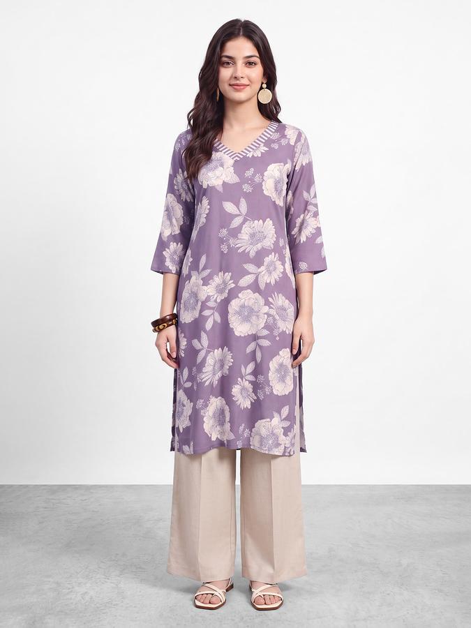 R&B Womens Lavender Three-Quarter Sleeves V Neck Floral Printed Straight Kurta