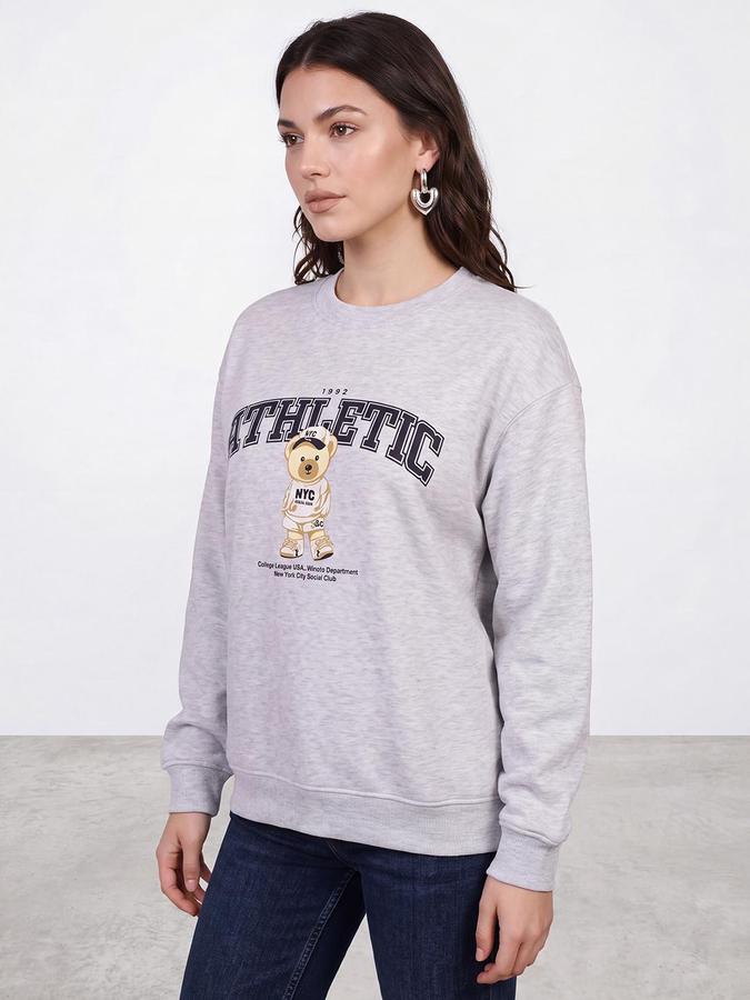 R&B Women Ecru Melange Graphic Print Round Neck Long Sleeves Sweatshirt