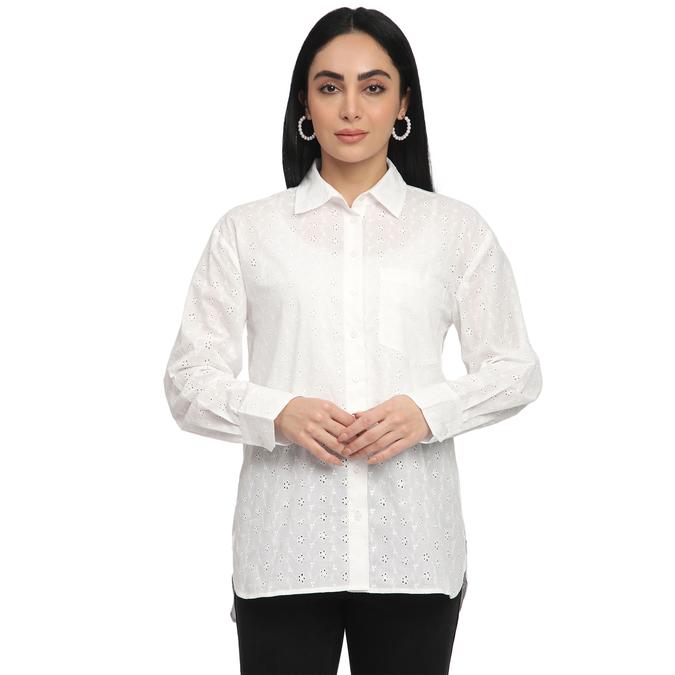 R&B Women Ivory Textured Eyelet Shirt