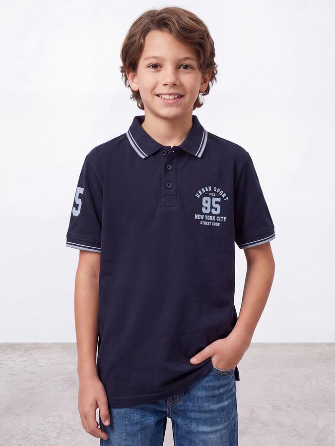 R&B Boys Navy Blue Collegiate Badge Printed Polo Collar Short Sleeves Pure Cotton T-shirt