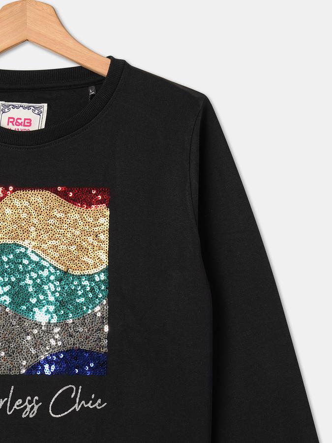 Girls Cotton Regular Fit Crew Neck Sequin Graphic Sweatshirt