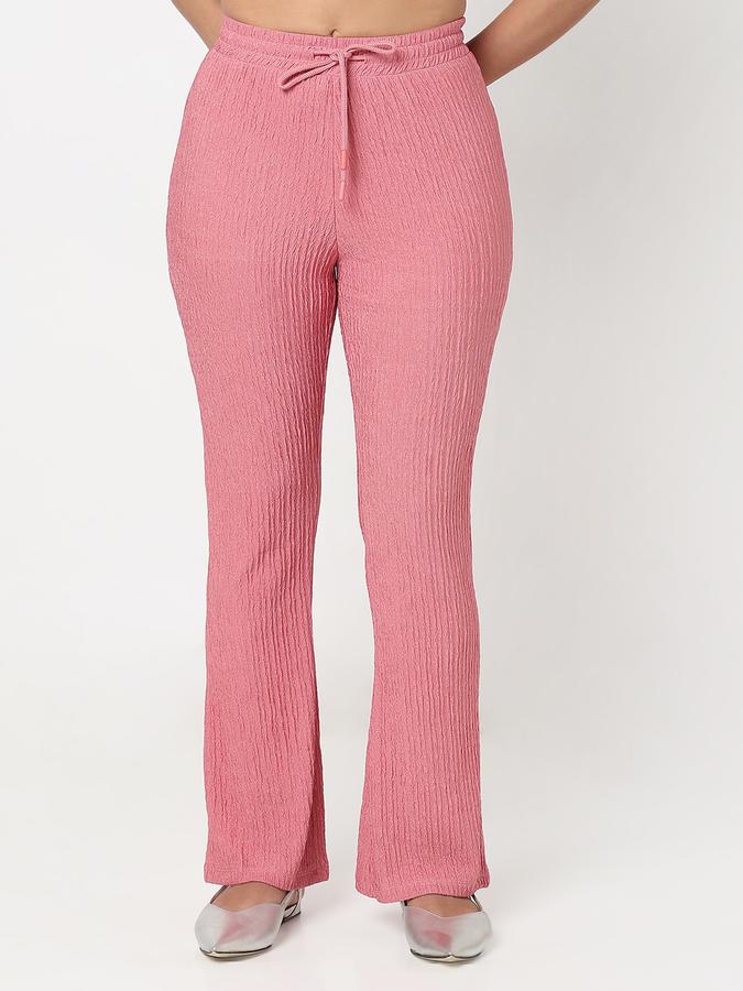 Women Polyester Flared Leg Mid Rise Textured Trousers