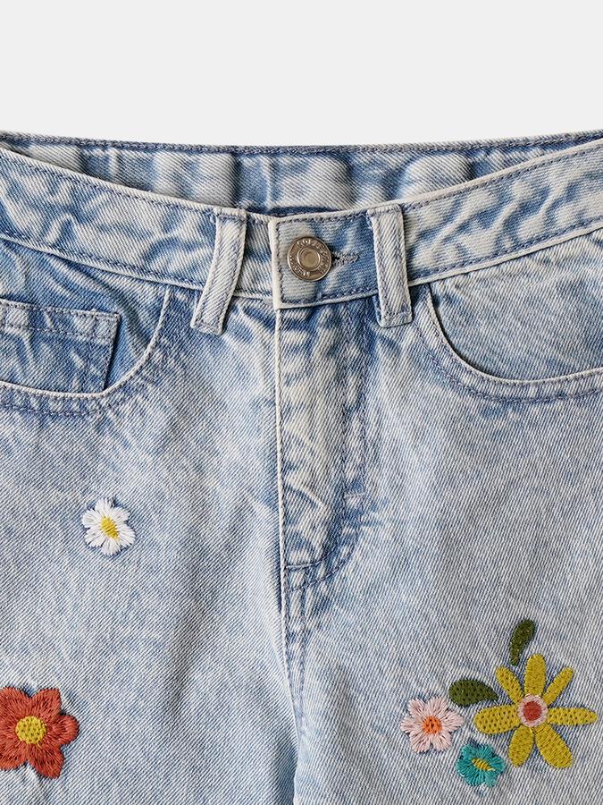 Girls Denim Regular Fit Button Waist Embroidered Jeans