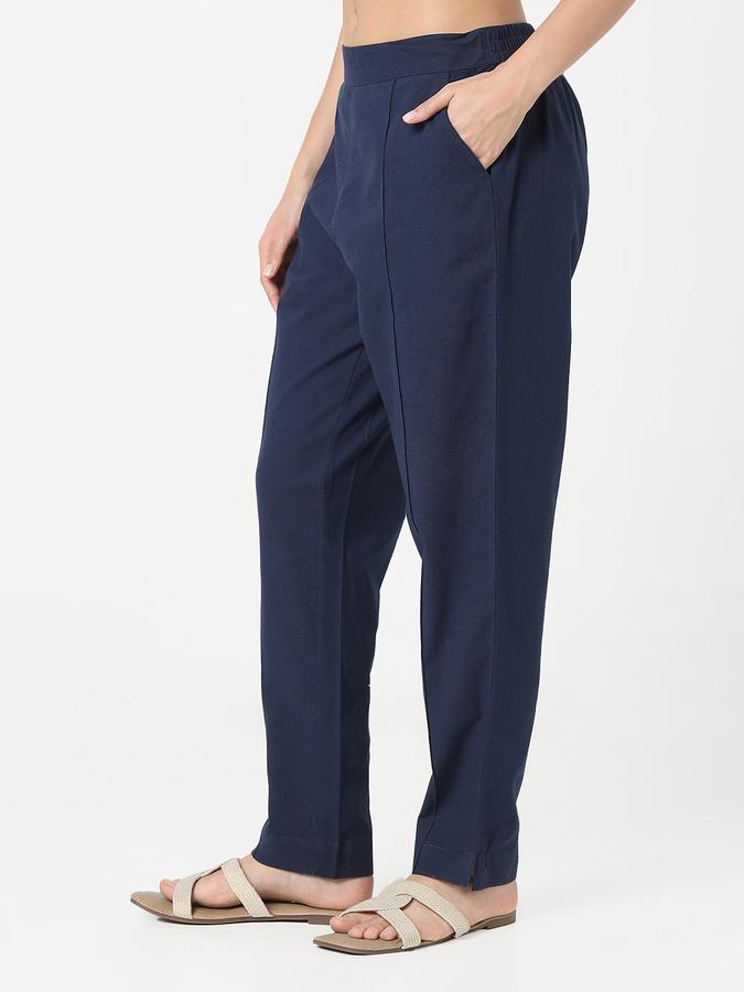 Women Cotton Tapered Elasticated Waist Solid Trousers