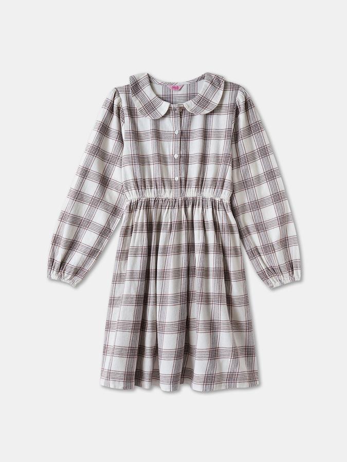 Girls Cotton Fit And Flare Collared Neck Plaid Dress