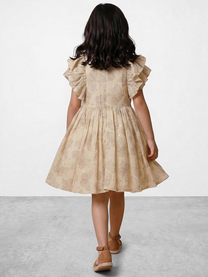 R&B Beige Viscose Printed Girls Dresses