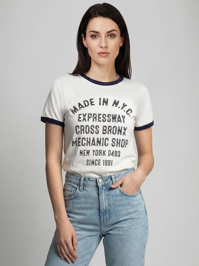 R&B Beige Printed Women Regular Fit Tshirt