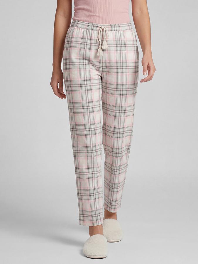 R&B White Checked Mid Rise Women Cotton Night Pant