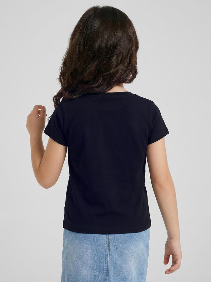 R&B Navy Blue Graphic Print Girls Round Neck Regular Fit Short Sleeves T-Shirt 