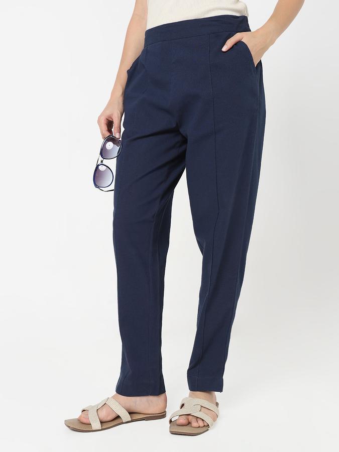 Women Cotton Tapered Elasticated Waist Solid Trousers
