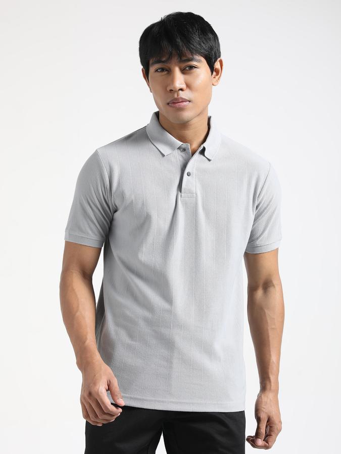 Men Cotton Blend Regular Fit Polo Neck Textured T-shirt