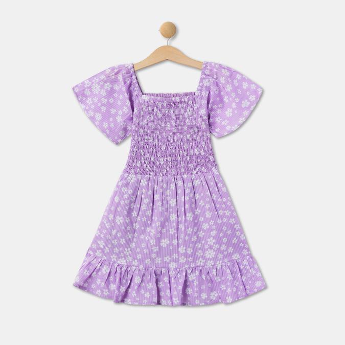 Girls Cotton A-Line Square Neck Floral Smocked Dress