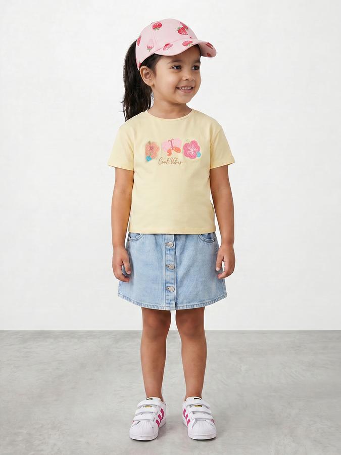 R&B Girls Yellow Regular Fit Floral Embroidered Short Sleeve T-shirt