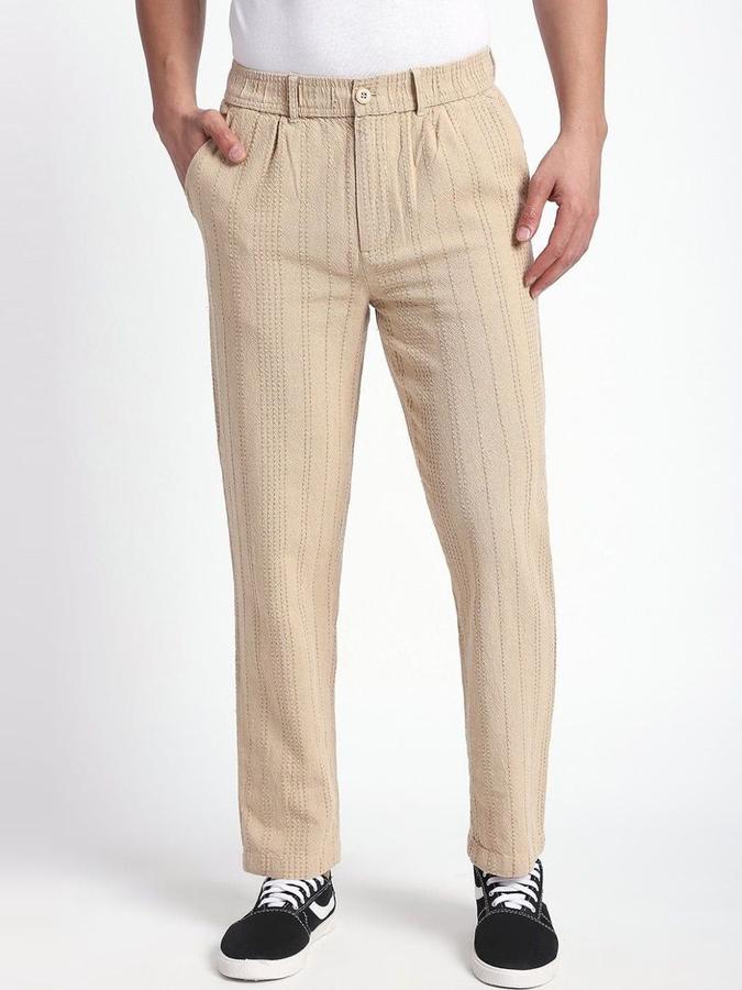 R&B Men Beige Striped Regular Fit Trousers
