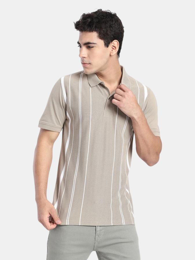 R&B Beige Striped Men Short Sleeve Polo T-shirt