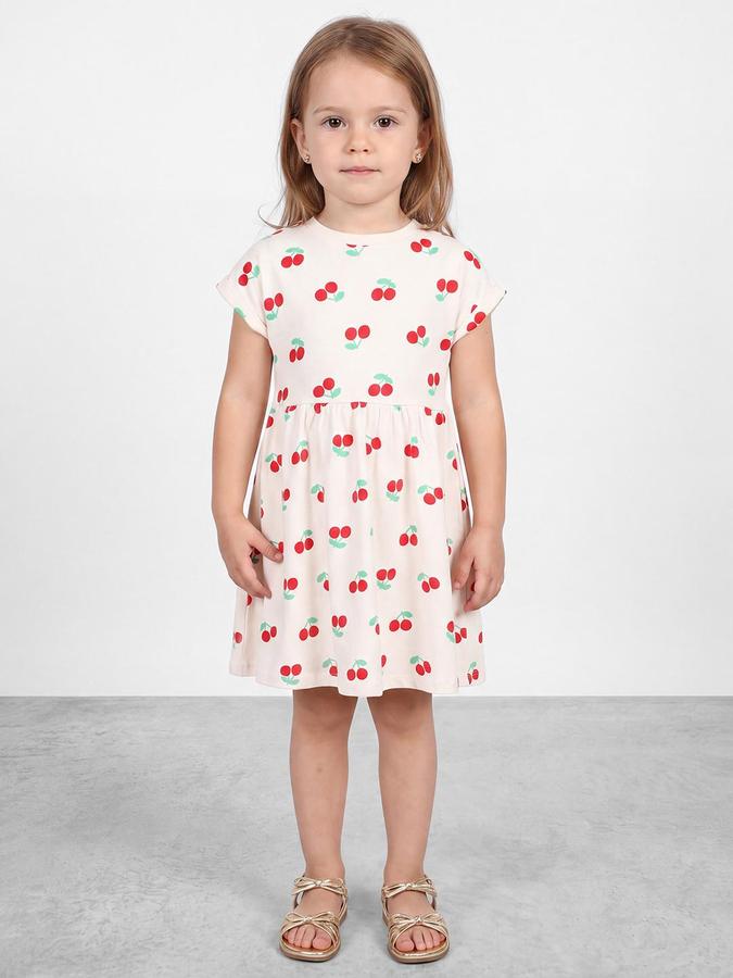 R&B Girls Cream Cherry Printed Round Neck Cap Sleeves Fit and Flare Dress
