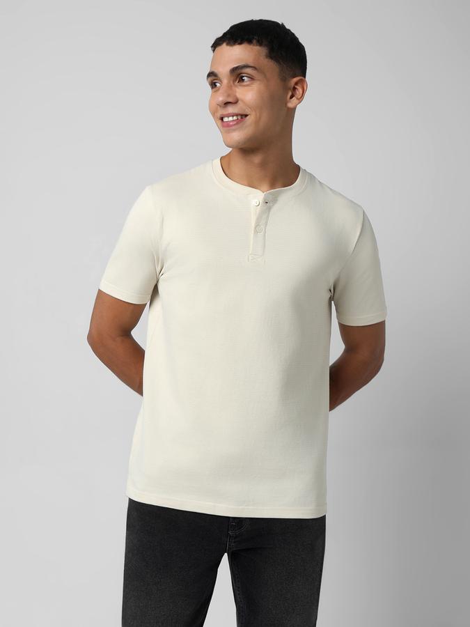 Men Cotton Regular Fit Henley Neck Textured T-shirt