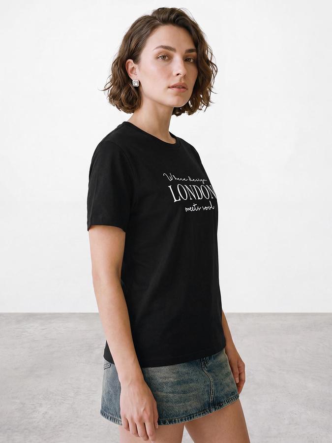 R&B Women Black Short Sleeve Round Neck Typography Graphic Print T-Shirt