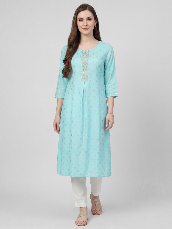 R&B Blue Printed Women Three-Quarter Sleeves Round Neck Kurta