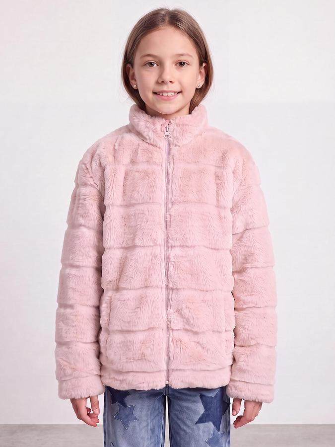 R&B Girls Pink Self Design Raised Collar Fur Jacket