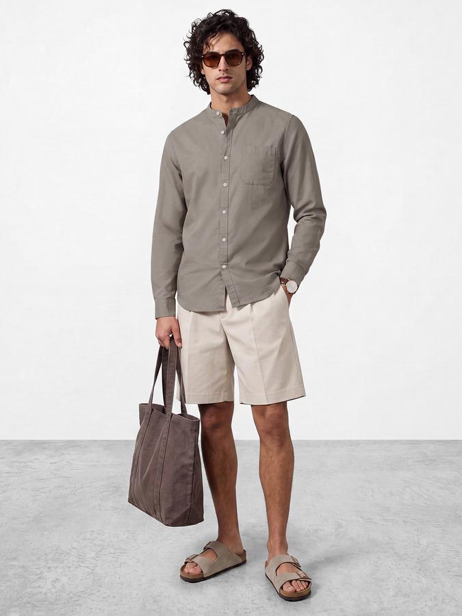 R&B Men's Sand Grey Long Sleeves Slub Mandarin Collar Shirt
