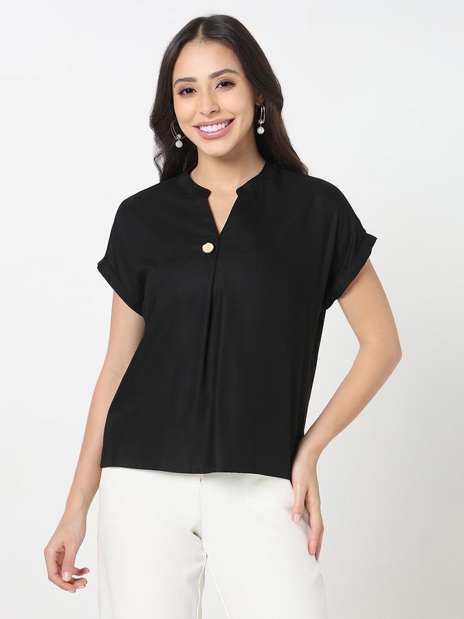 Women Viscose Relaxed Fit Mandarin Collar Solid Top