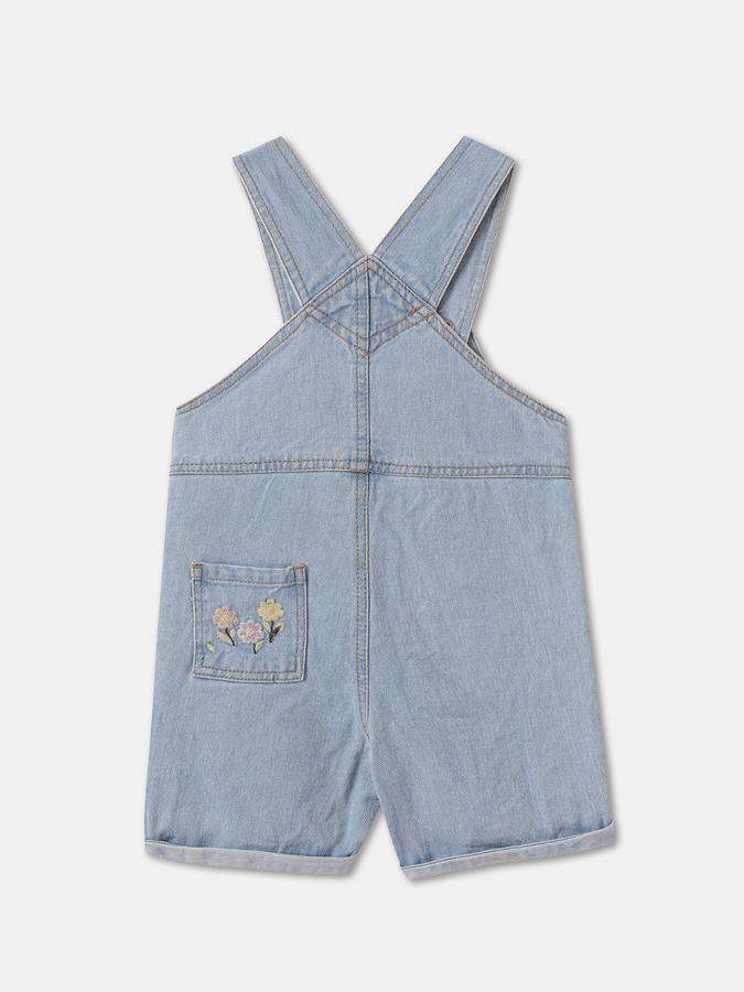 Girls Denim Embroidered Adjustable Straps Cuffed Hem Dungaree