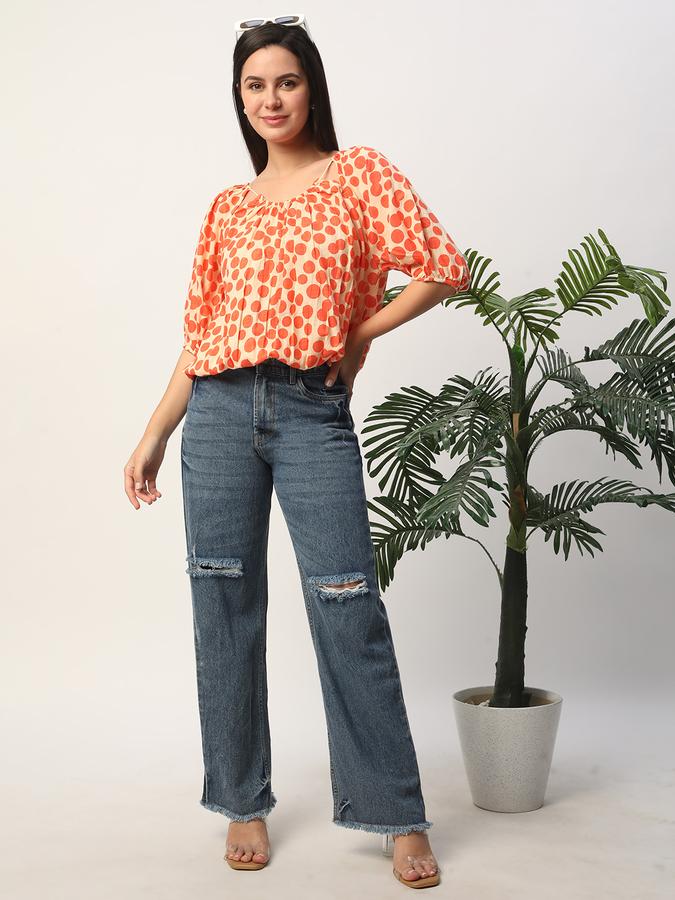 Women Cotton Relaxed Fit Round Neck Printed Ethnic Top