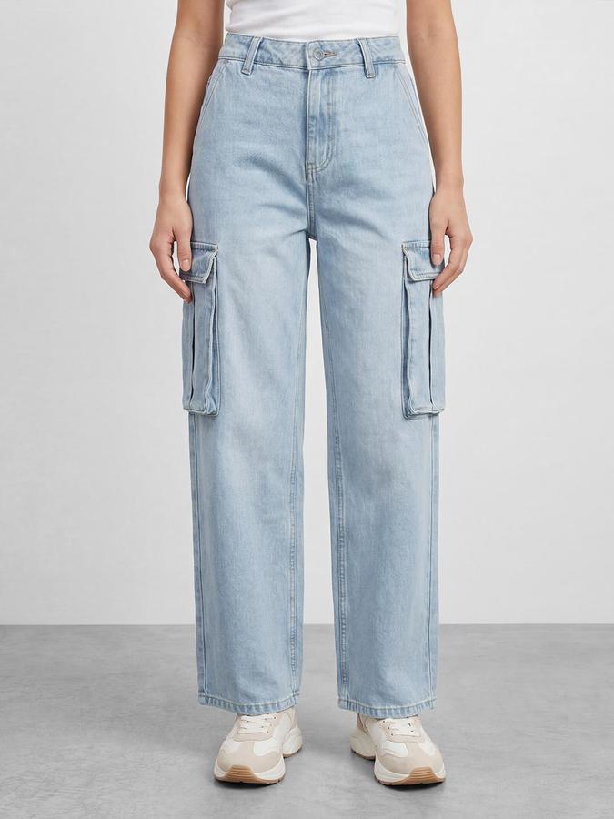 R&B Women's Blue Straight Fit Pure Cotton Cargo Jeans