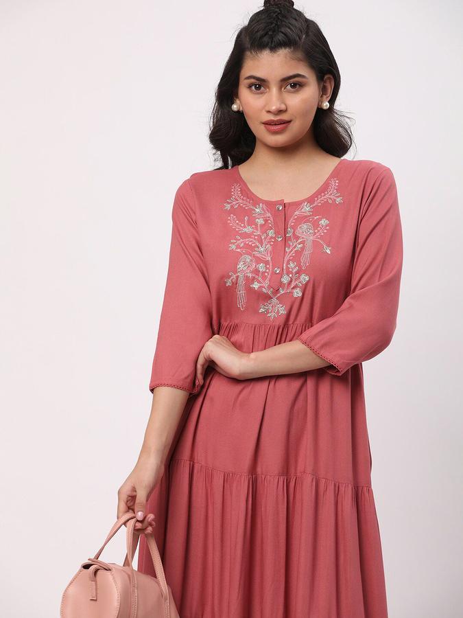 R&B Women Pink Embroidered Three Quarter Sleeves Fit &amp; Flared Midi  Ethnic Dress