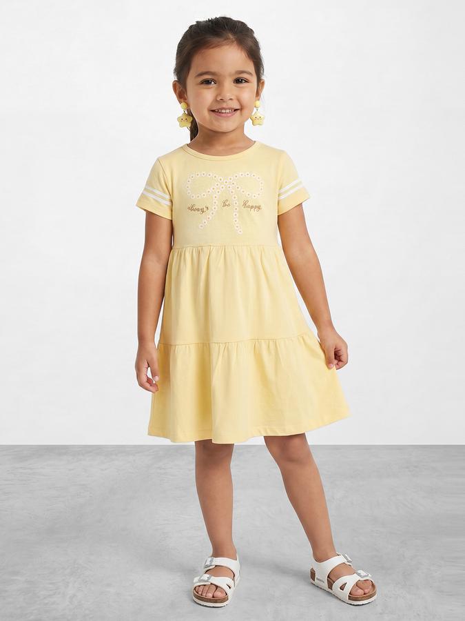 R&B Girl Yellow  Graphic Print Pure Cotton Short Sleeves Fit and Flare Dress