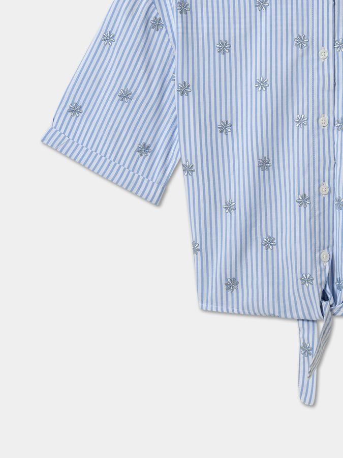 Girls Striped Regular Fit Short Sleeve Tie-Front Top