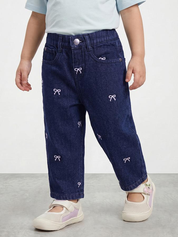 R&B Girls Blue Regular Fit Embroidered Mid-Rise Cotton Jeans