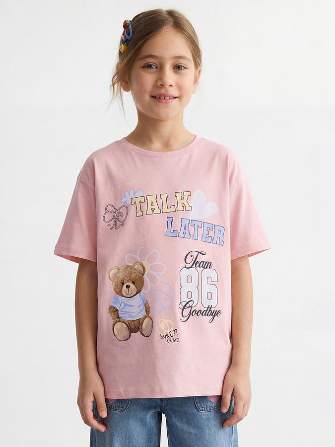 R&B Girls Pink Regular Fit Teddy Bear Printed  Short Sleeve T-shirt