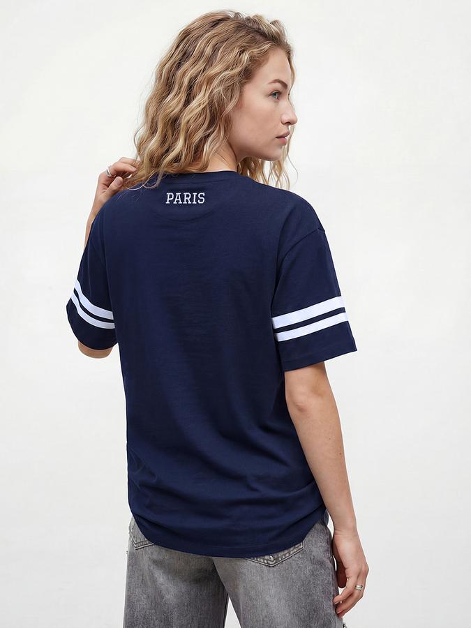 R&B Navy Blue Solid Women Short Sleeves Top