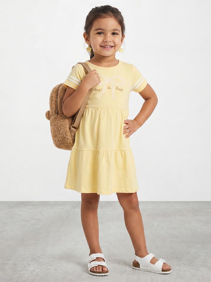 R&B Girl Yellow  Graphic Print Pure Cotton Short Sleeves Fit and Flare Dress