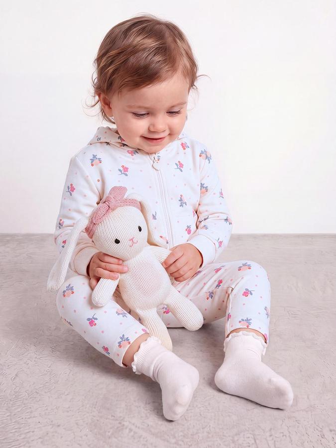 R&B Girls Cream All Over Floral Print Hooded Sweatshirt and Pant Night Suit